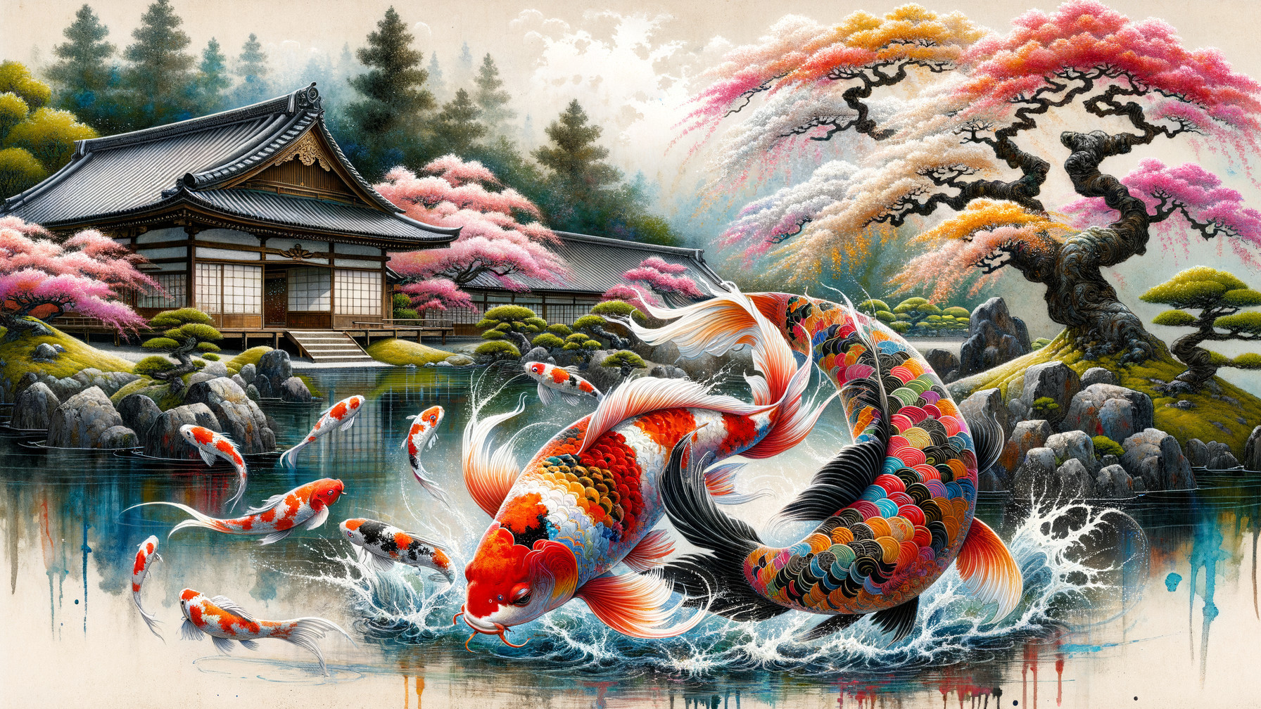 Koi Fish in Tranquil Pond with Cherry Blossoms