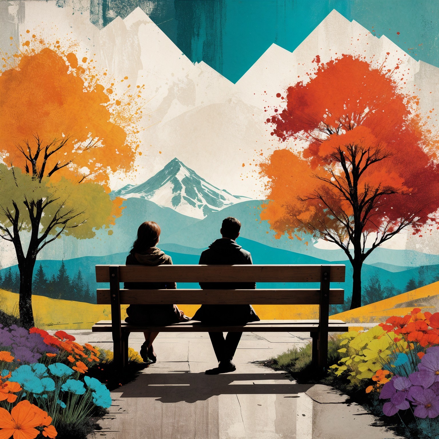 Couple on Bench Surrounded by Autumn Landscape