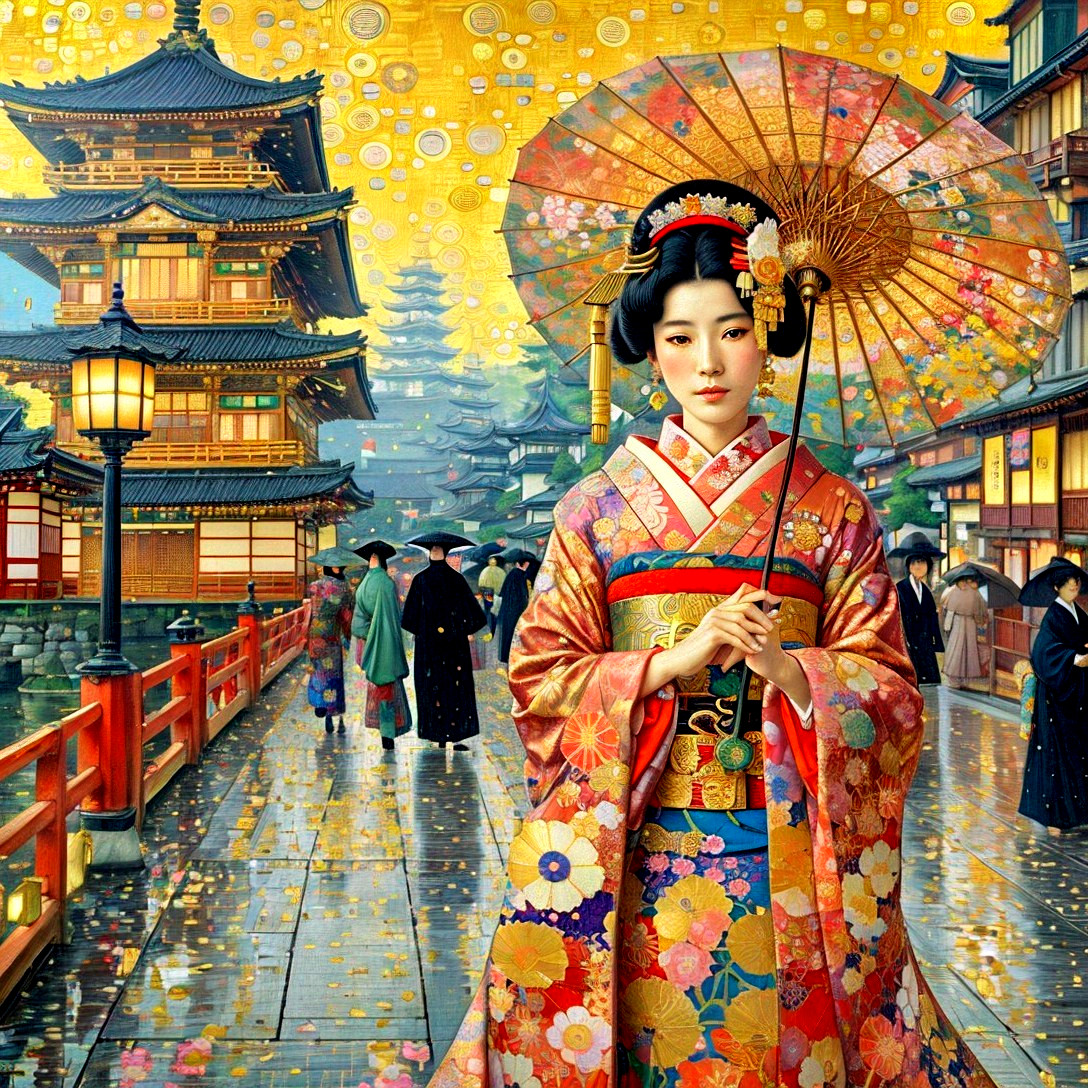 Traditional kimono-clad woman with parasol in vibrant Japanese street.