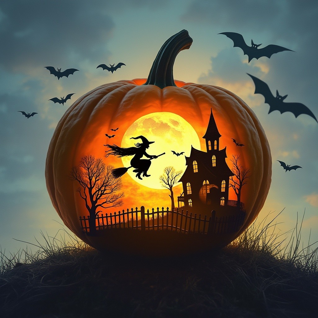 Vibrant Halloween Pumpkin with Witch and Haunted House