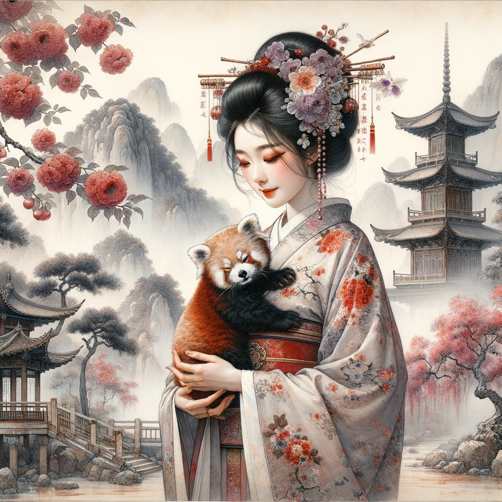 Young Woman in Kimono with Red Panda and Cherry Blossoms