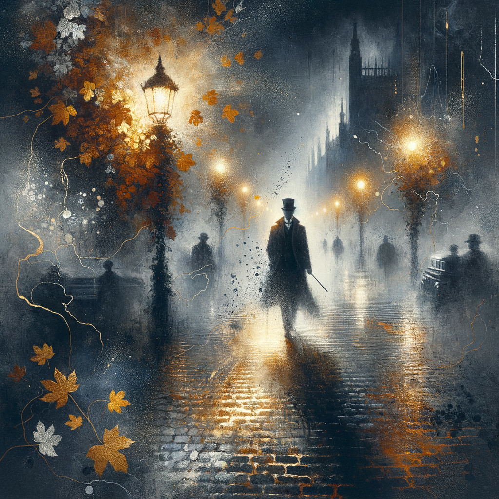 Mysterious Figure on Foggy Cobblestone Street