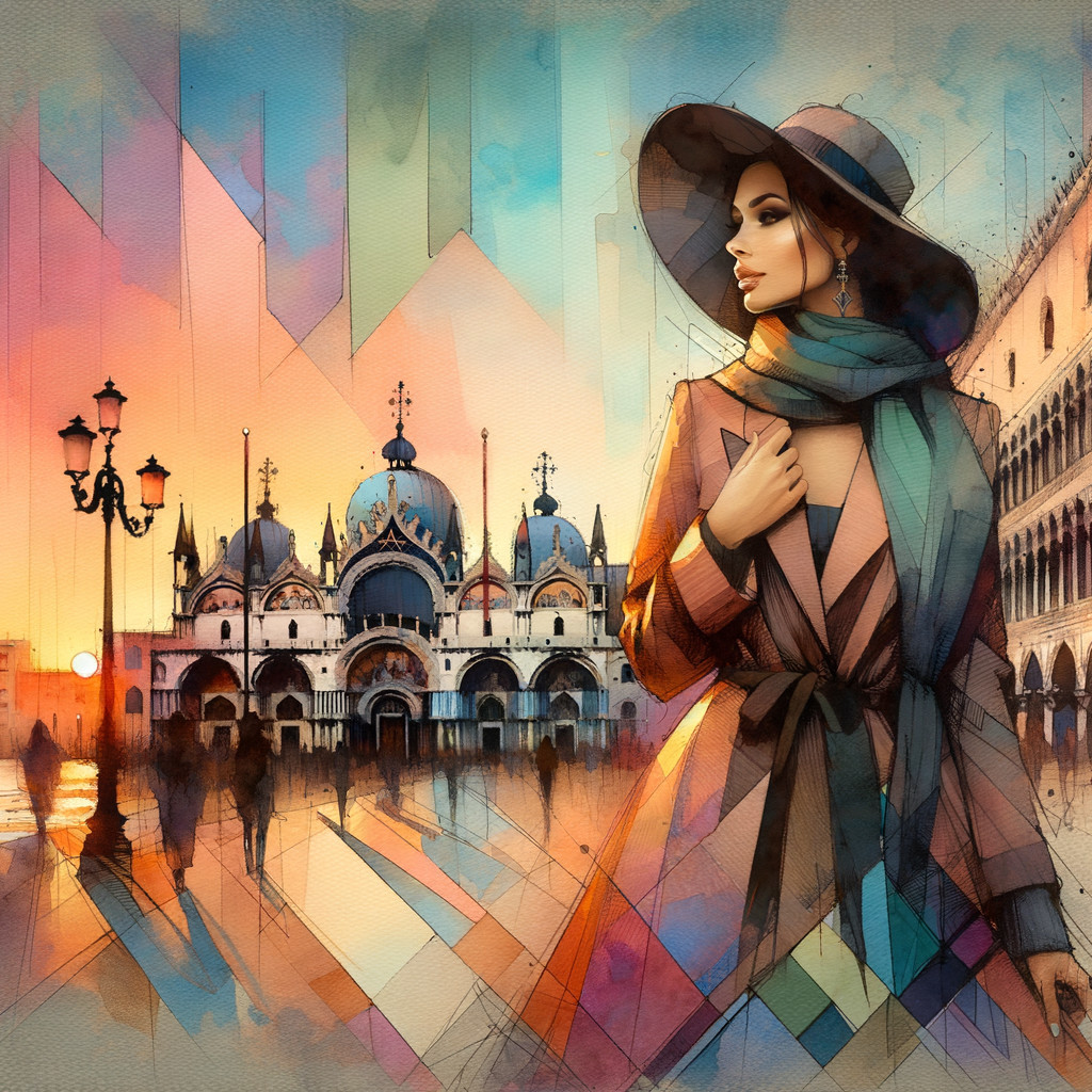 Elegant Woman Against Vibrant Venetian Sunset Backdrop