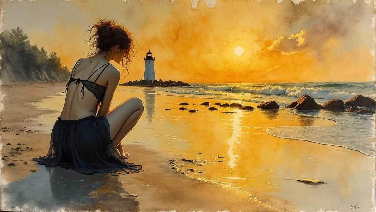 Serene Beach Scene at Sunset with Lighthouse