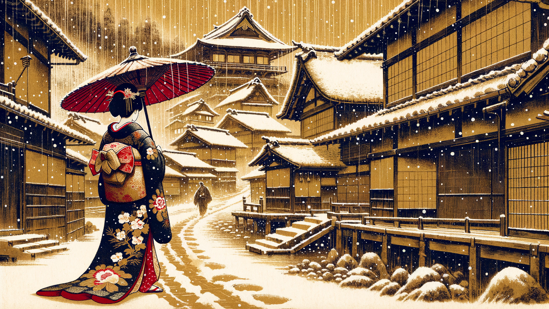 Serene winter scene in a traditional Japanese town