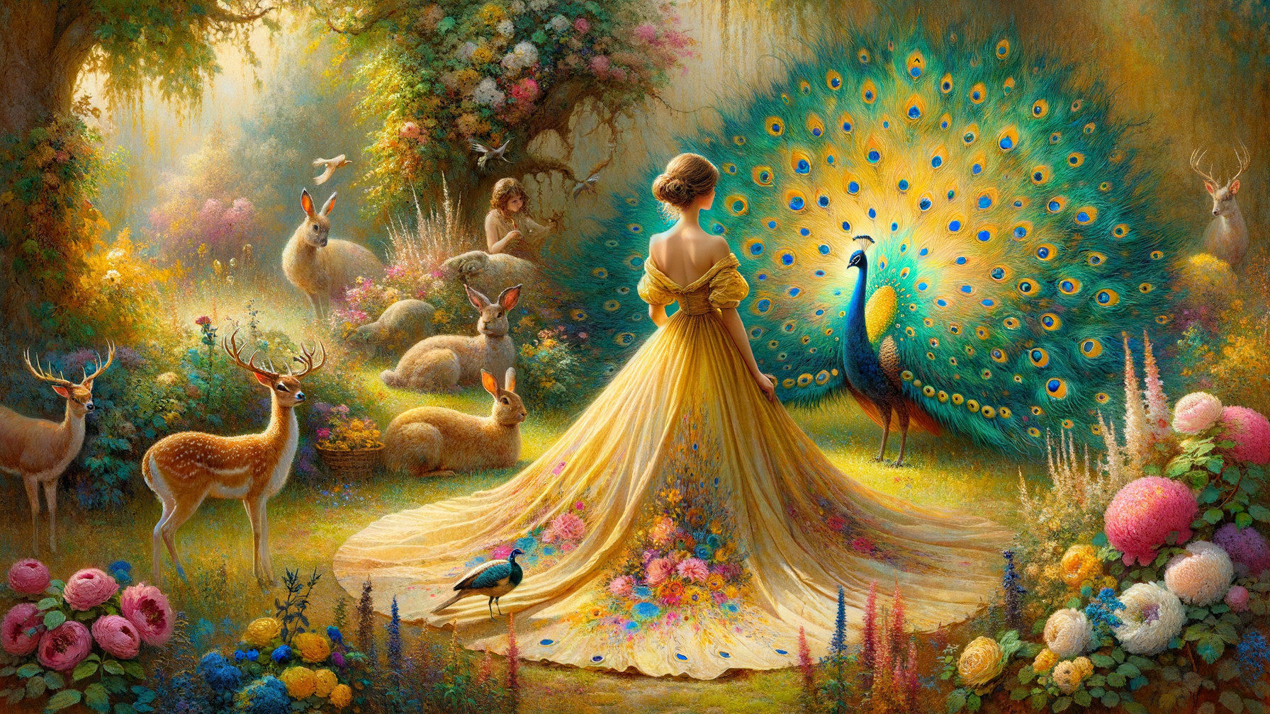 Enchanted forest scene with woman and woodland creatures