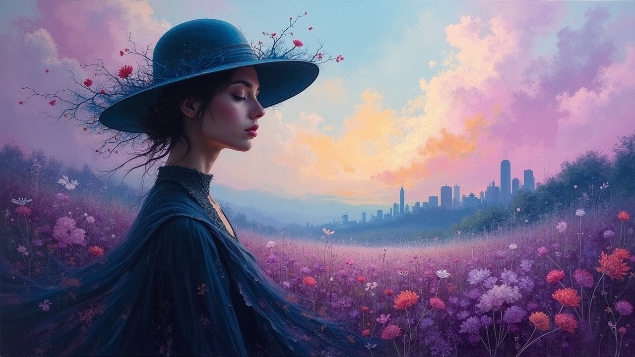 Silhouette of Woman in Flower Field with City Skyline