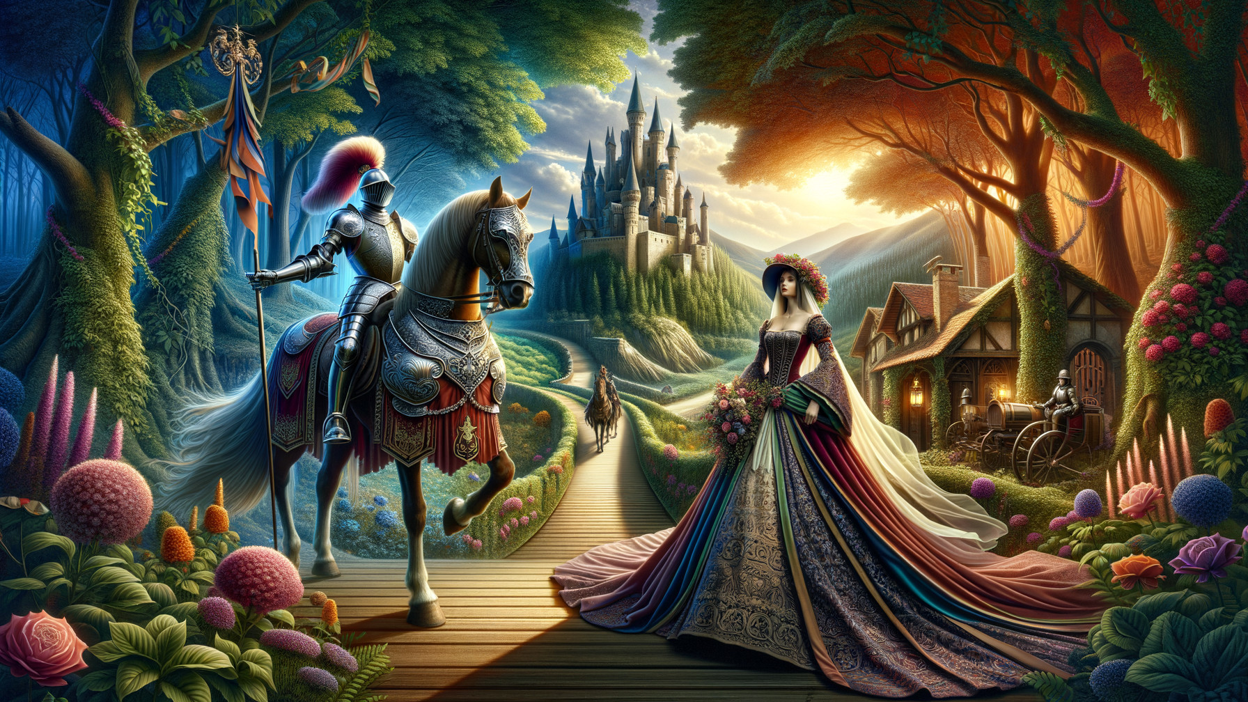 Knight and Lady in Enchanted Forest with Castle