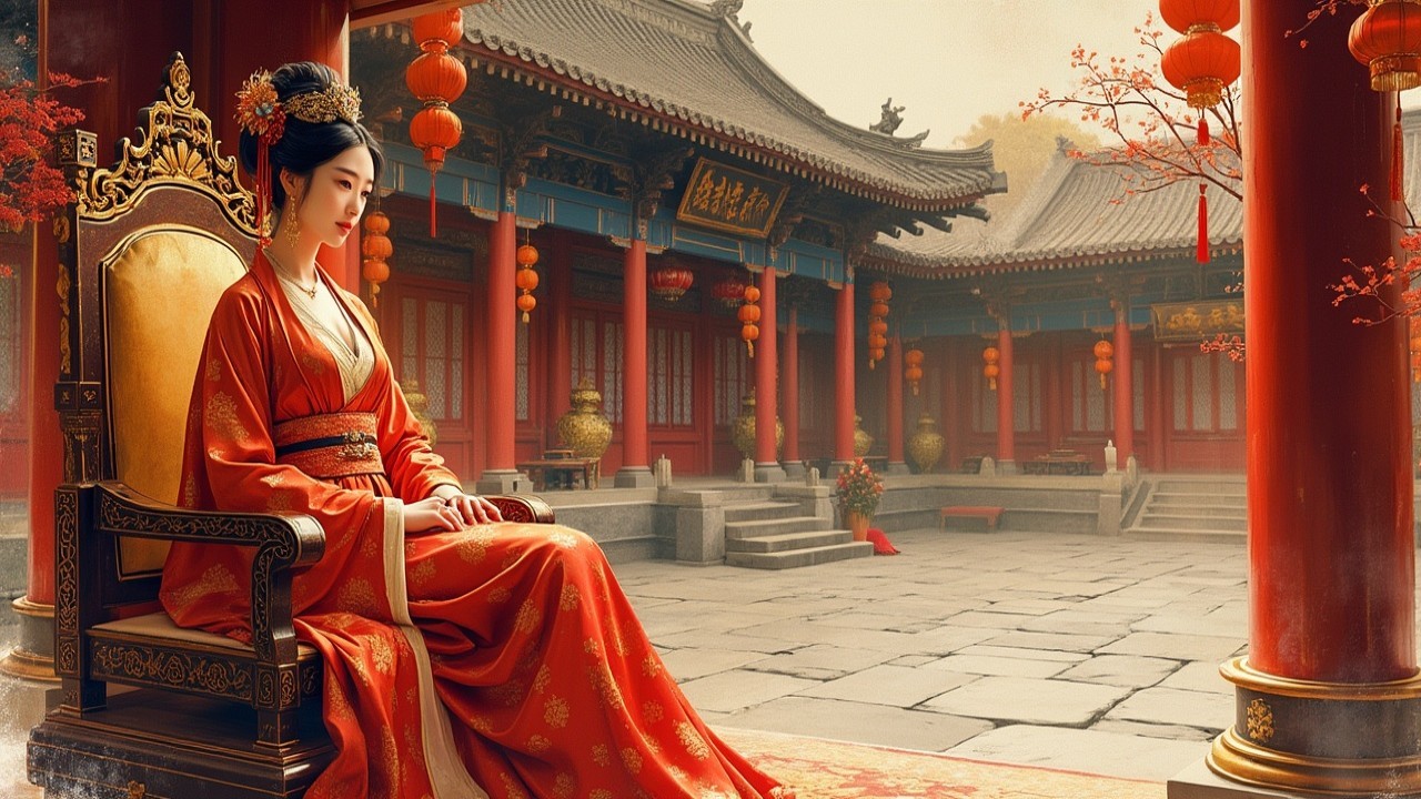 Serene Woman on Throne in Traditional Courtyard
