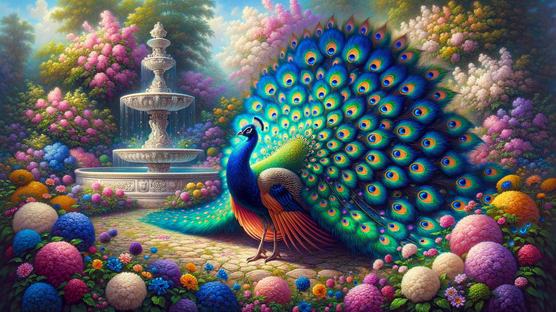 Peacock Displaying Plumage in Colorful Garden Setting