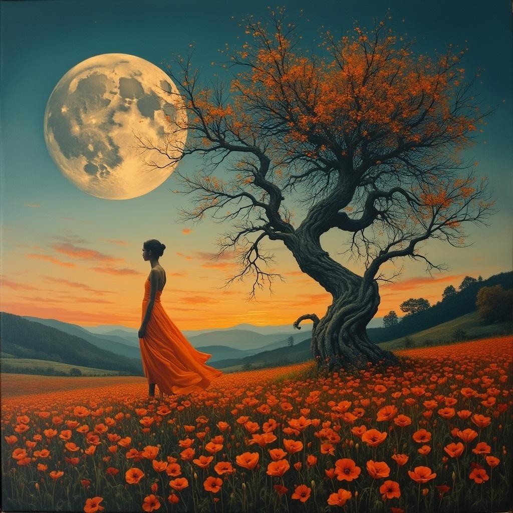 Serene Dusk Landscape with Woman in Orange Dress