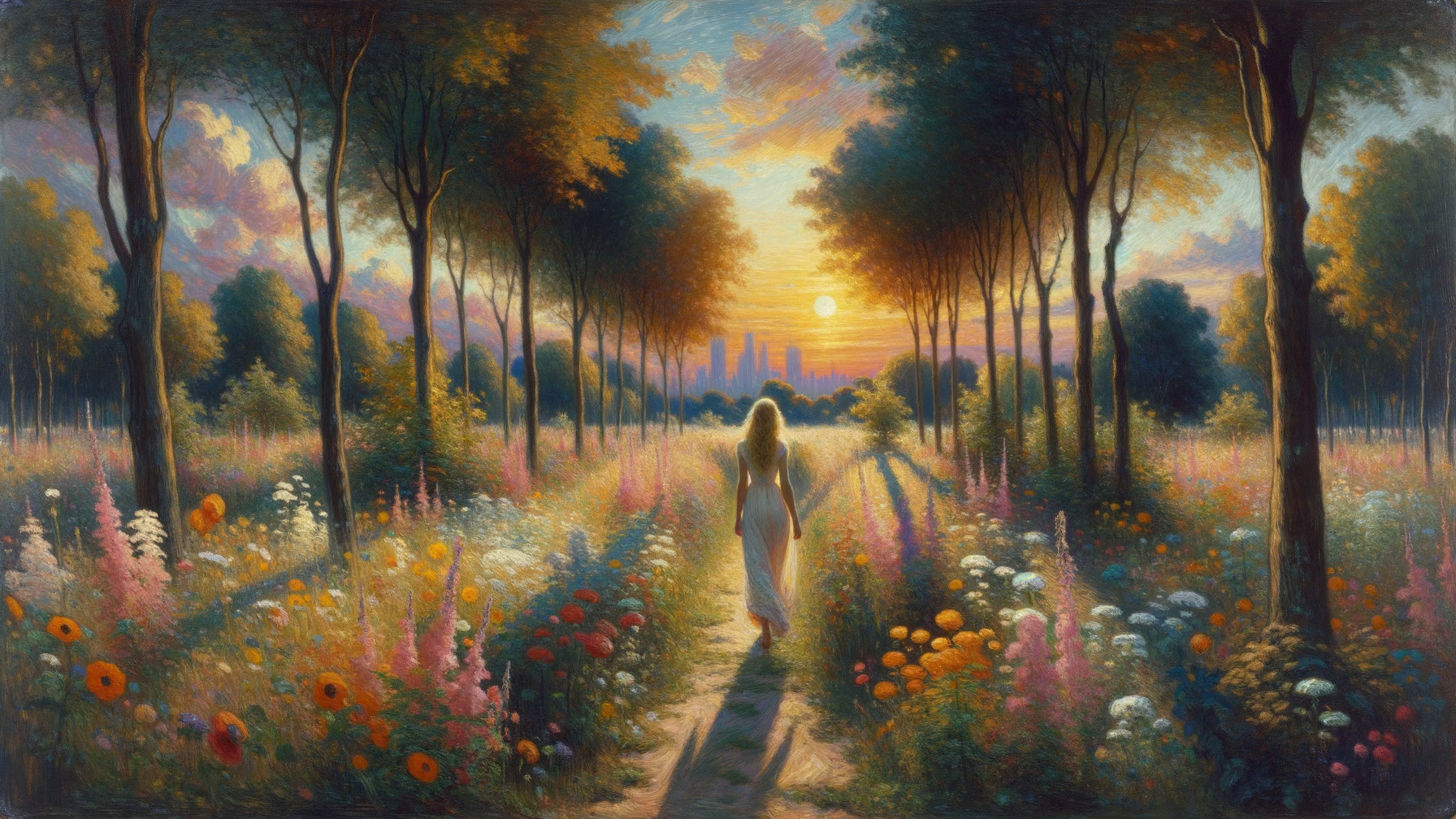 Wildflowers and Sunset Path with City Skyline