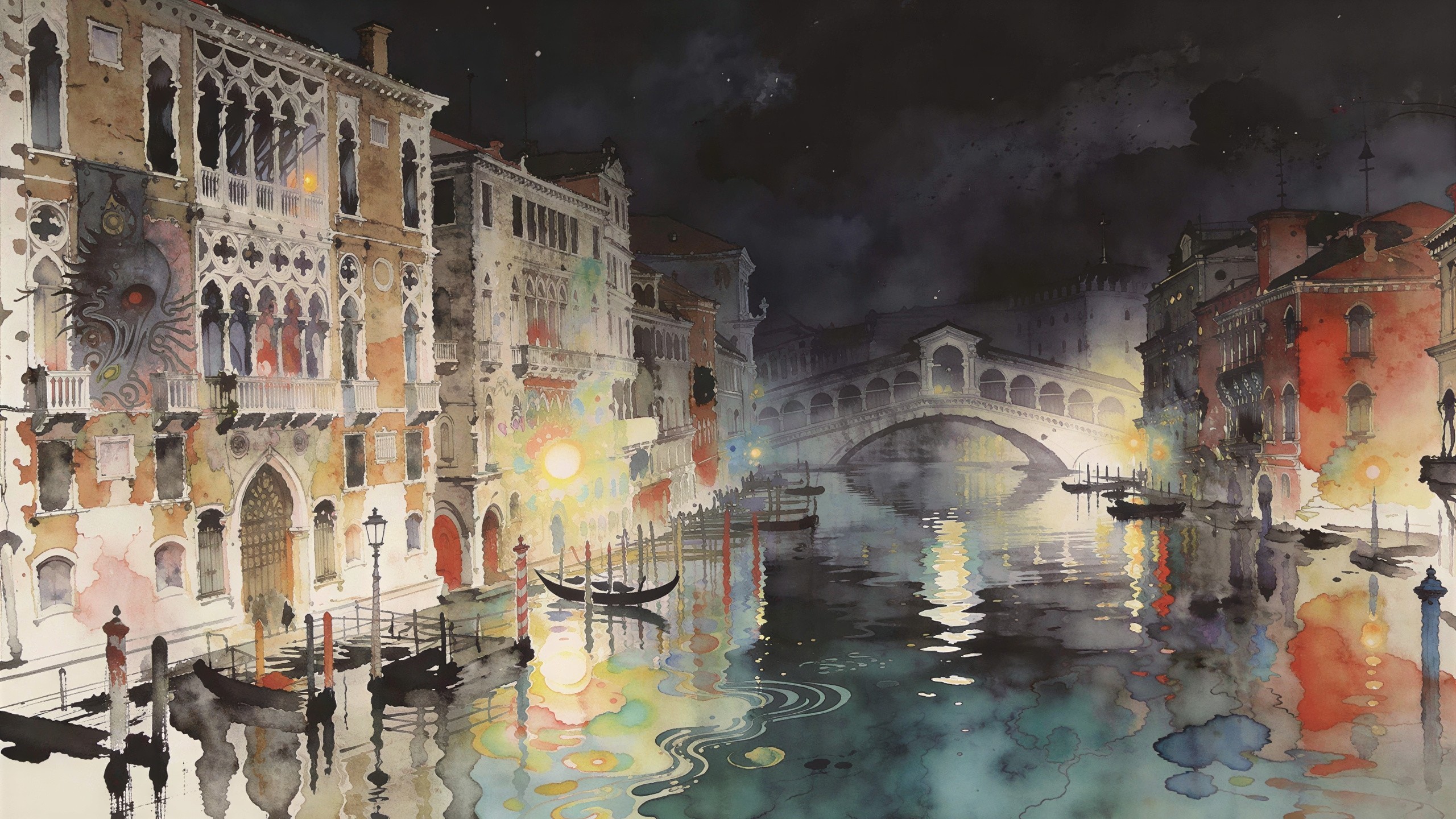 Vibrant Watercolor of Venetian Canal at Night