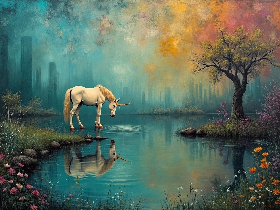 Majestic Unicorn by Tranquil Lake in Vibrant Landscape