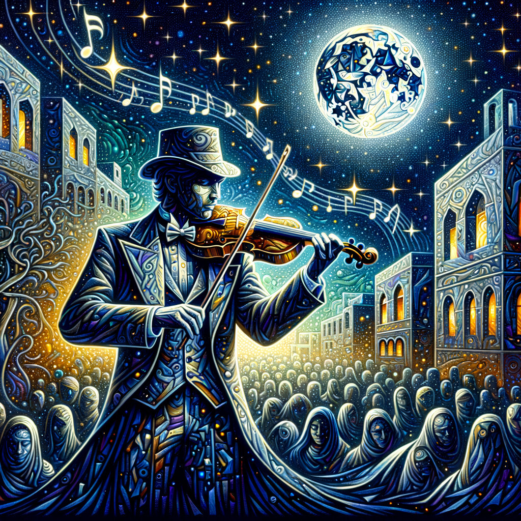 Musician in Top Hat Plays Violin Under Starry Night