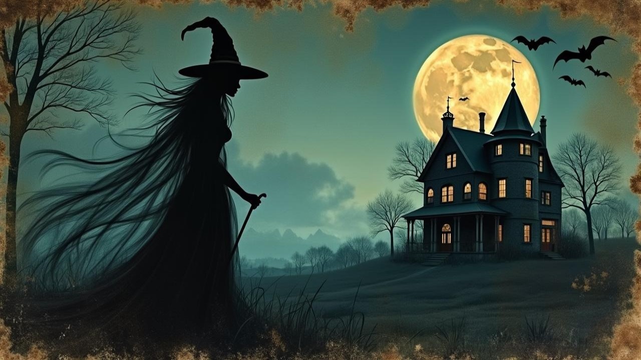 Witch Silhouette Against Full Moon and Victorian House