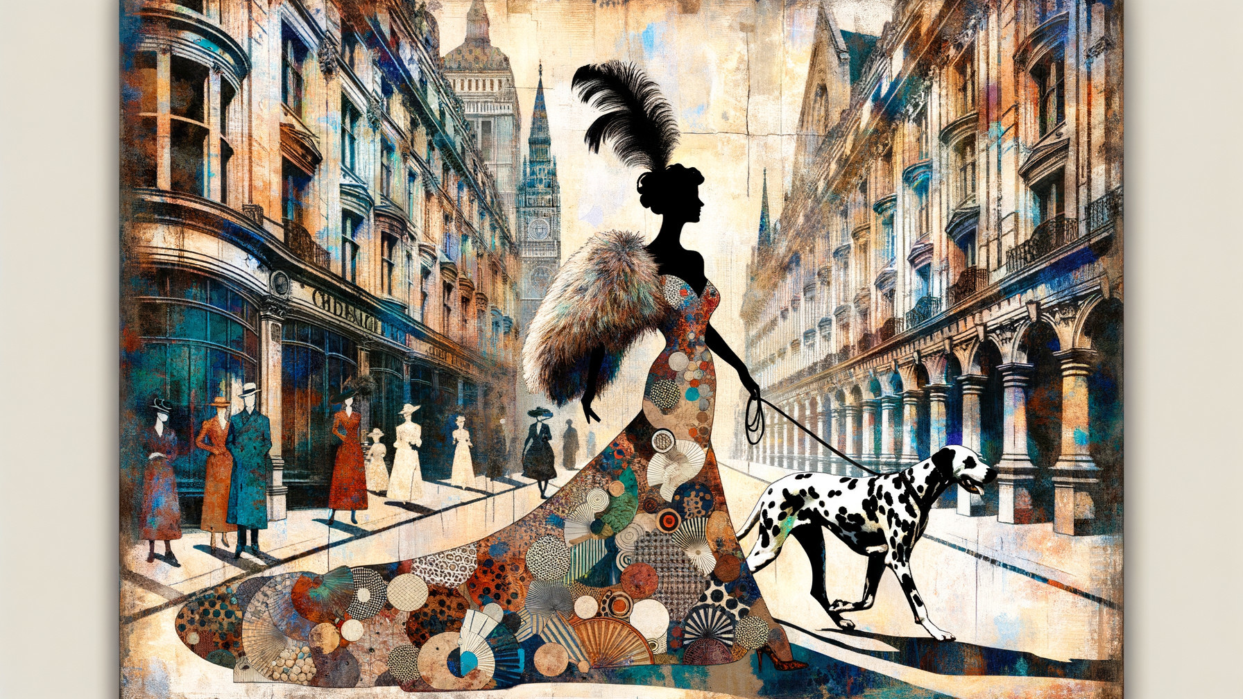 Stylish Woman in Colorful Gown with Dalmatian in Urban Scene