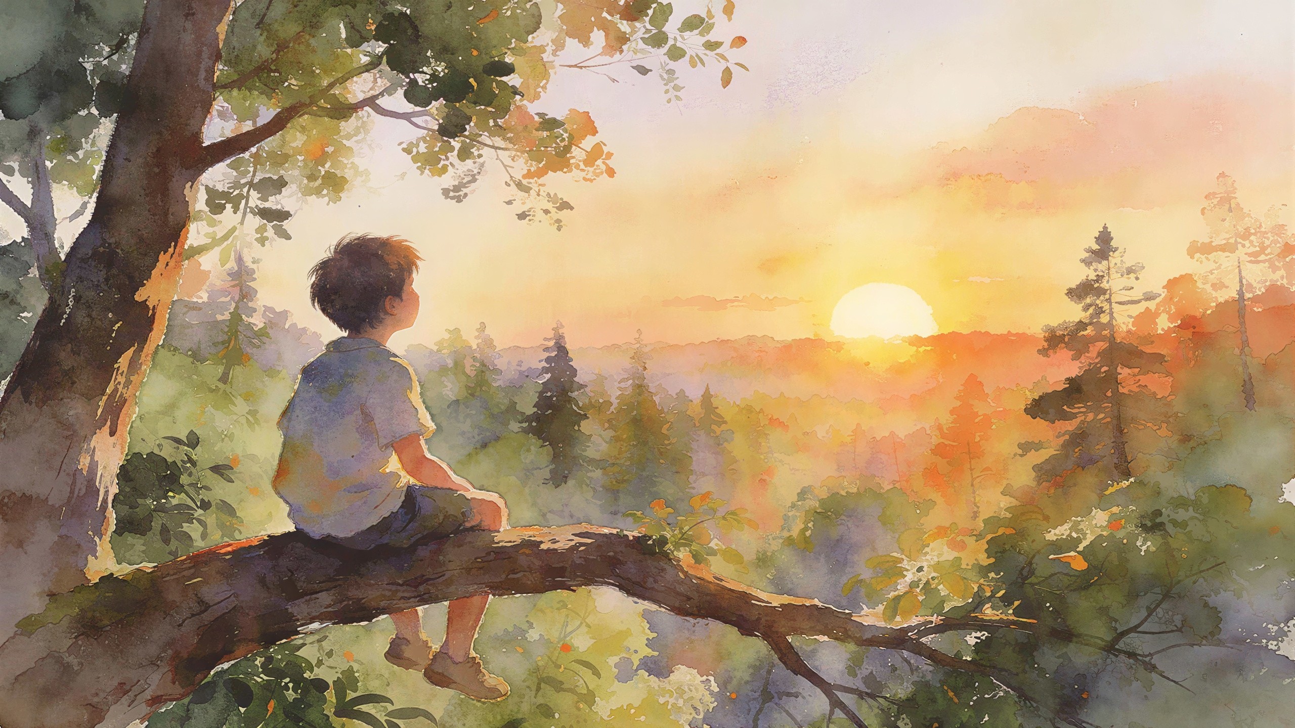 Watercolor Painting of Boy on Tree Branch at Sunrise