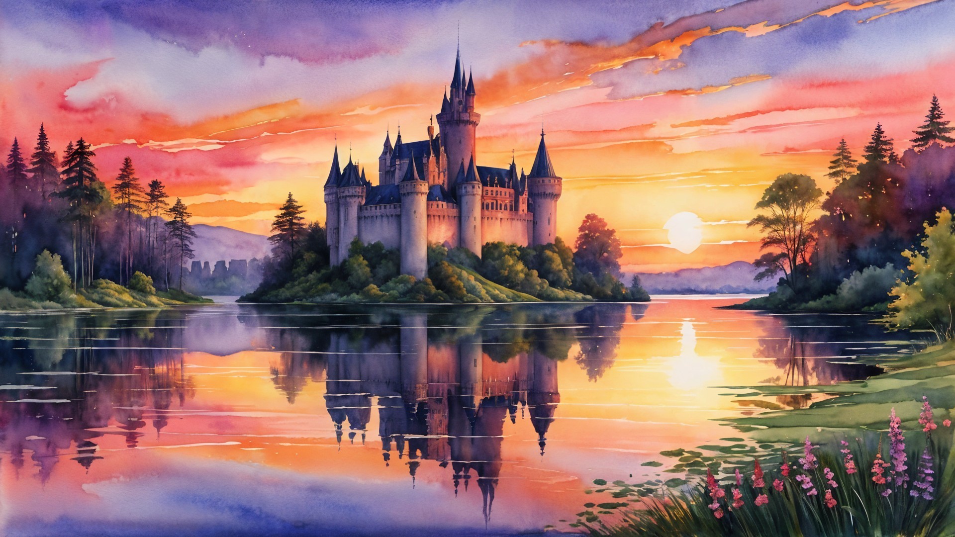 Majestic castle on a lush island at sunset