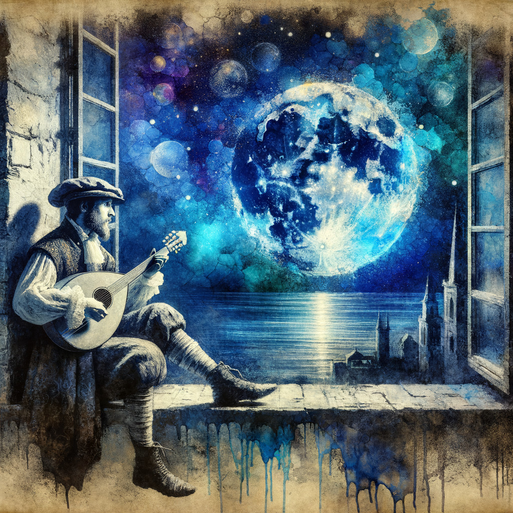 Man in historical attire playing lute by moonlit sea