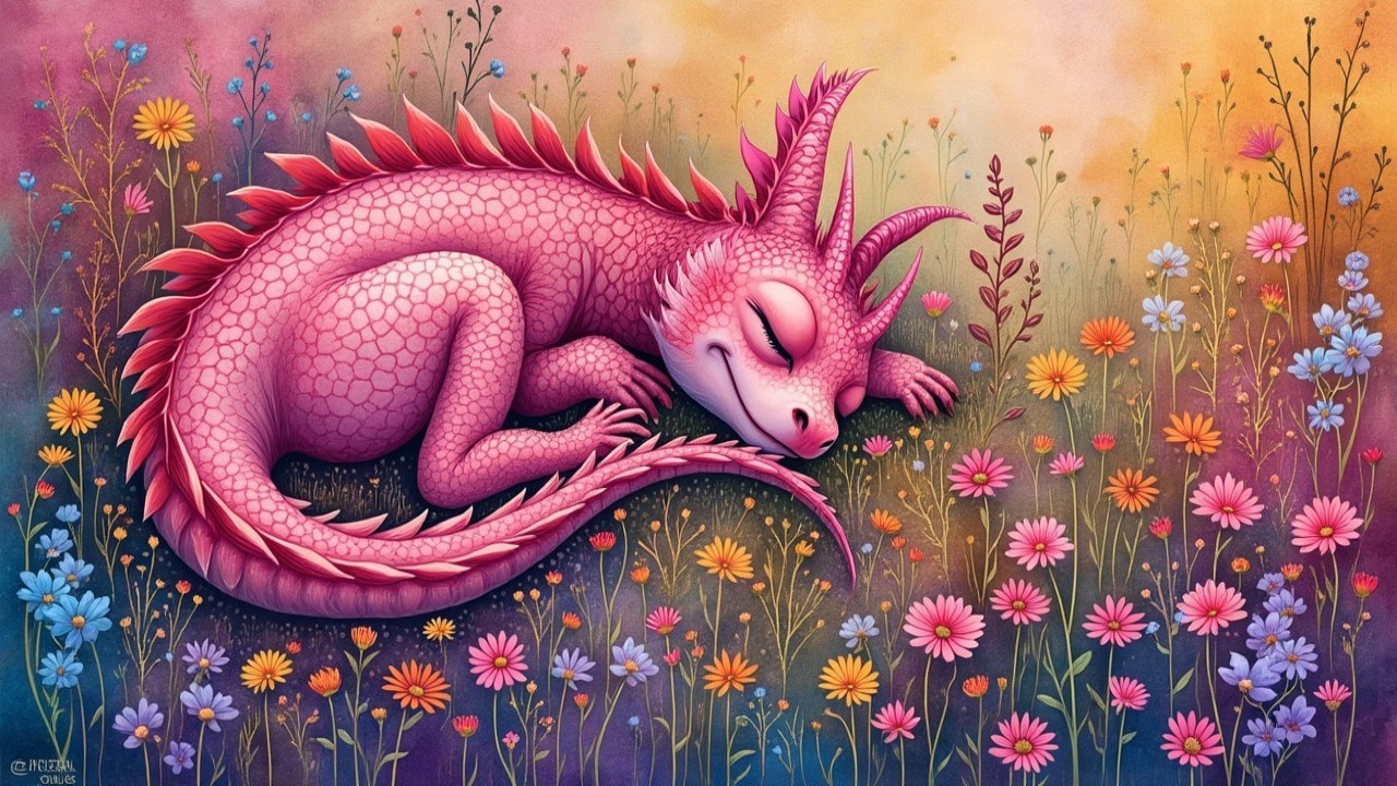 Pink Dragon Sleeping Among Colorful Wildflowers