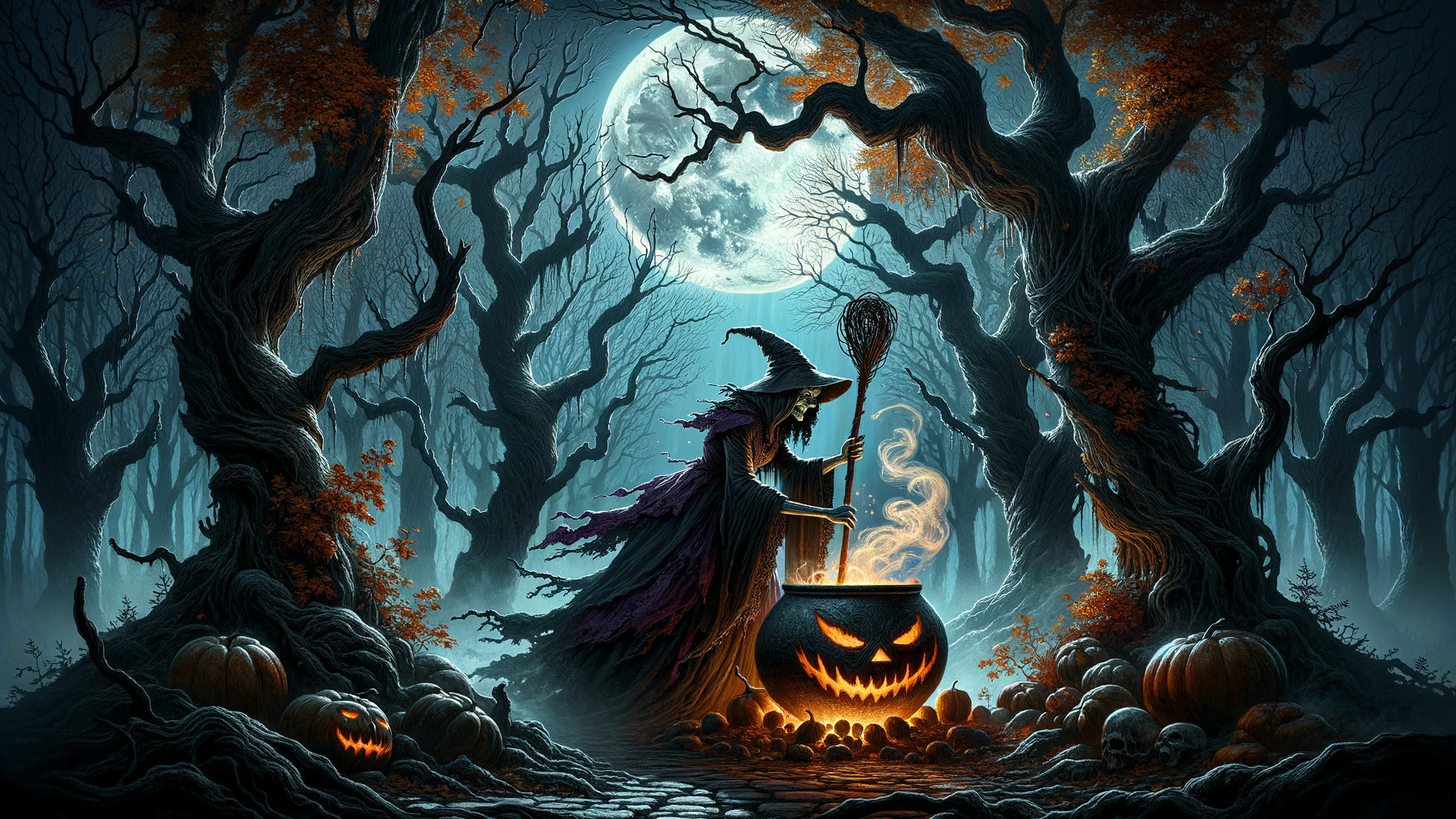 Enchanted forest scene with witch and cauldron