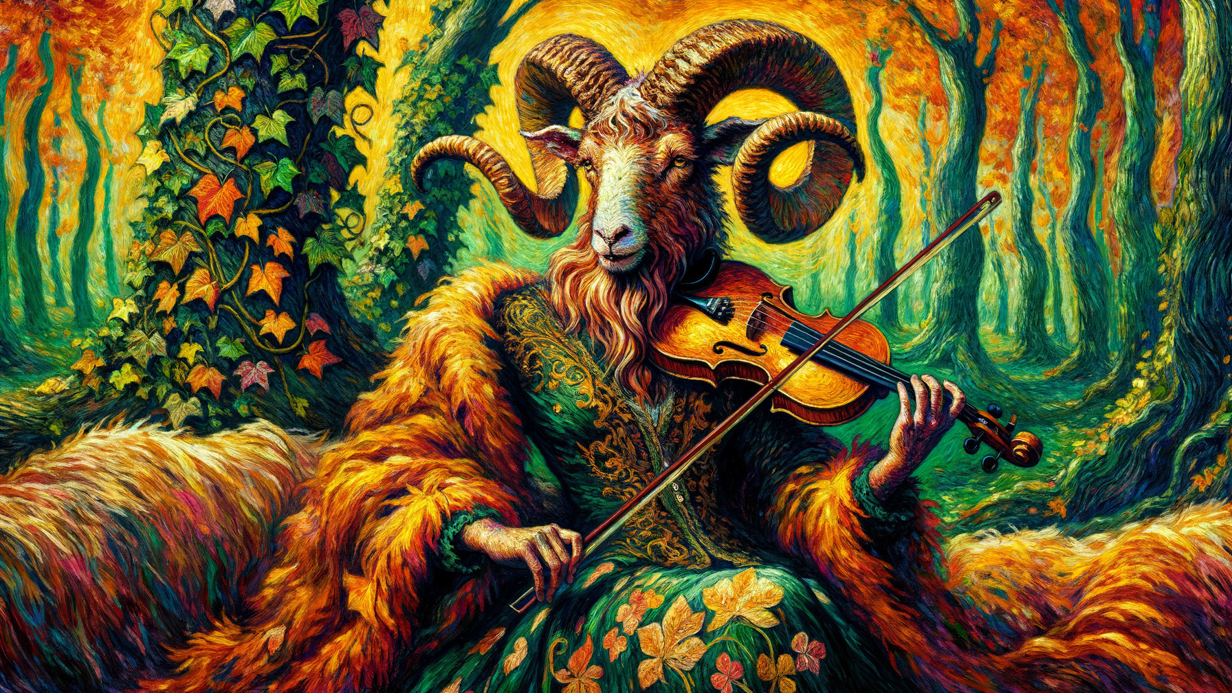Humanoid Ram Figure Playing Violin in Enchanted Forest