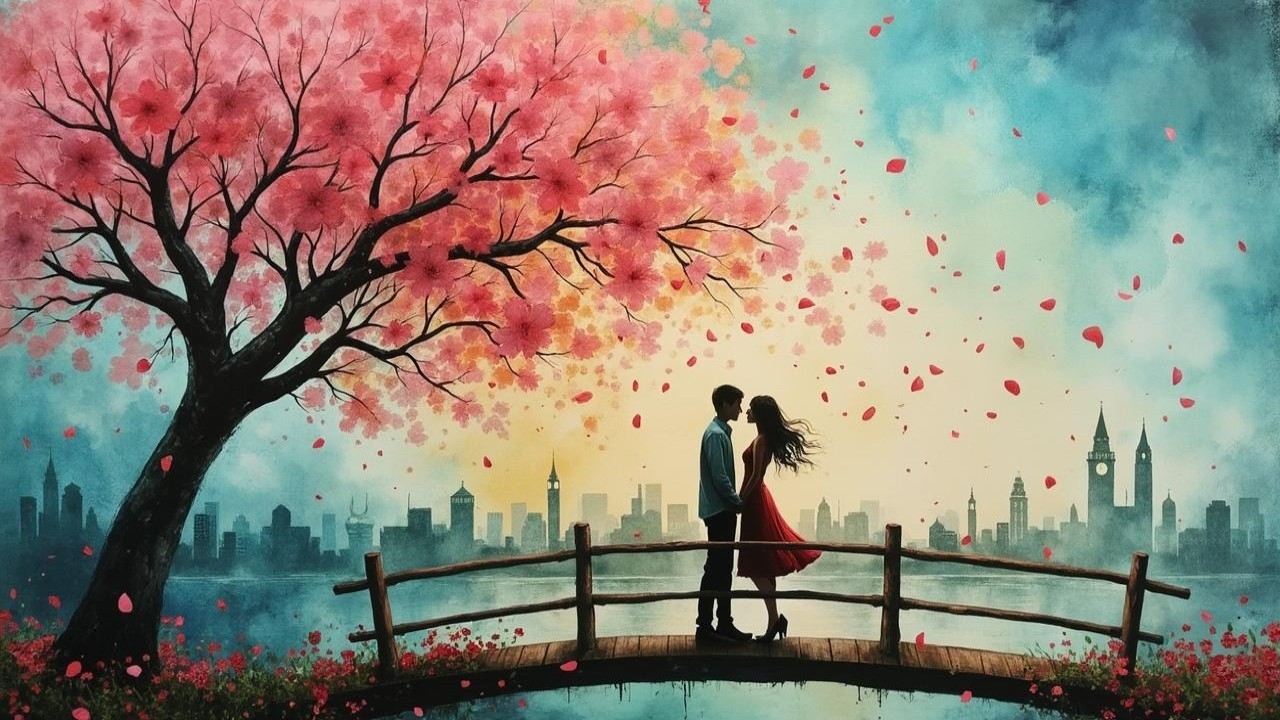 Couple on Bridge Amid Cherry Blossoms and Skyline