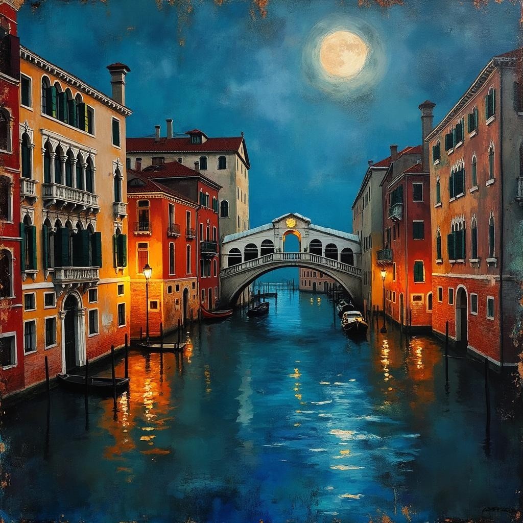 Nighttime Canal Scene in Venice with Moonlight Reflection