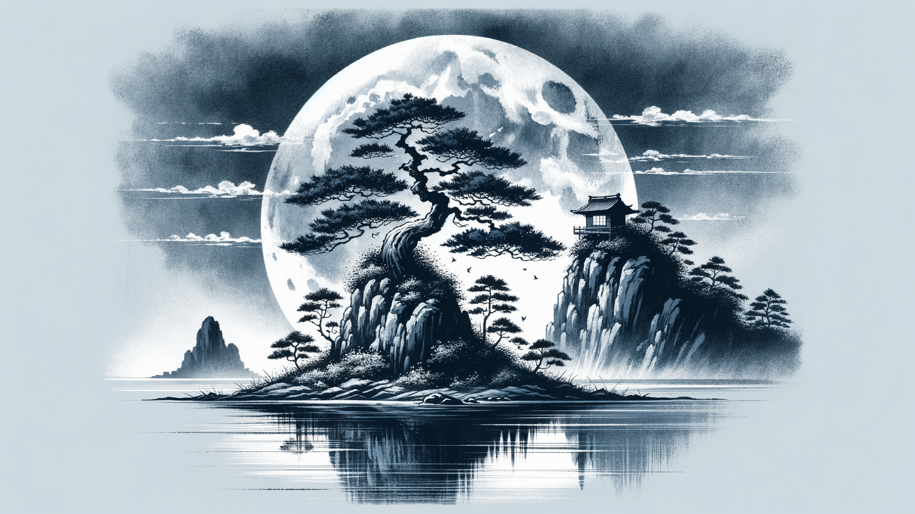 Tranquil Landscape with Pagoda and Luminous Moon