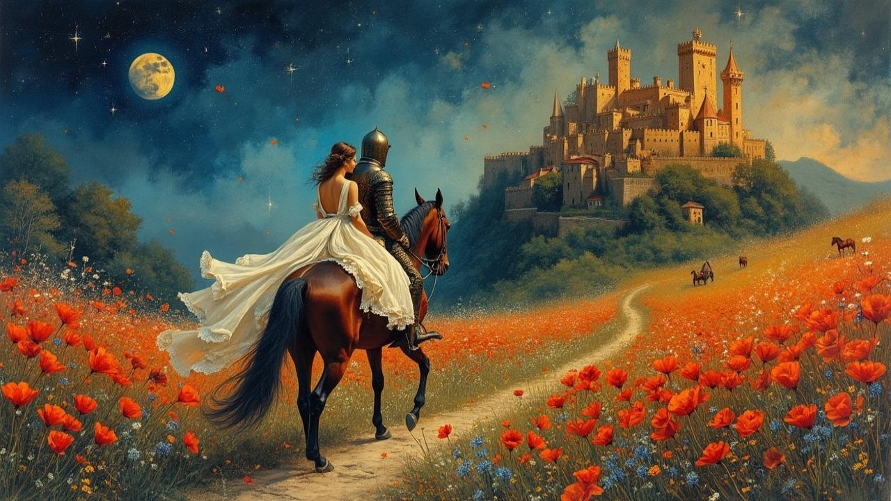 Knight and Woman in Poppy Field with Castle Background