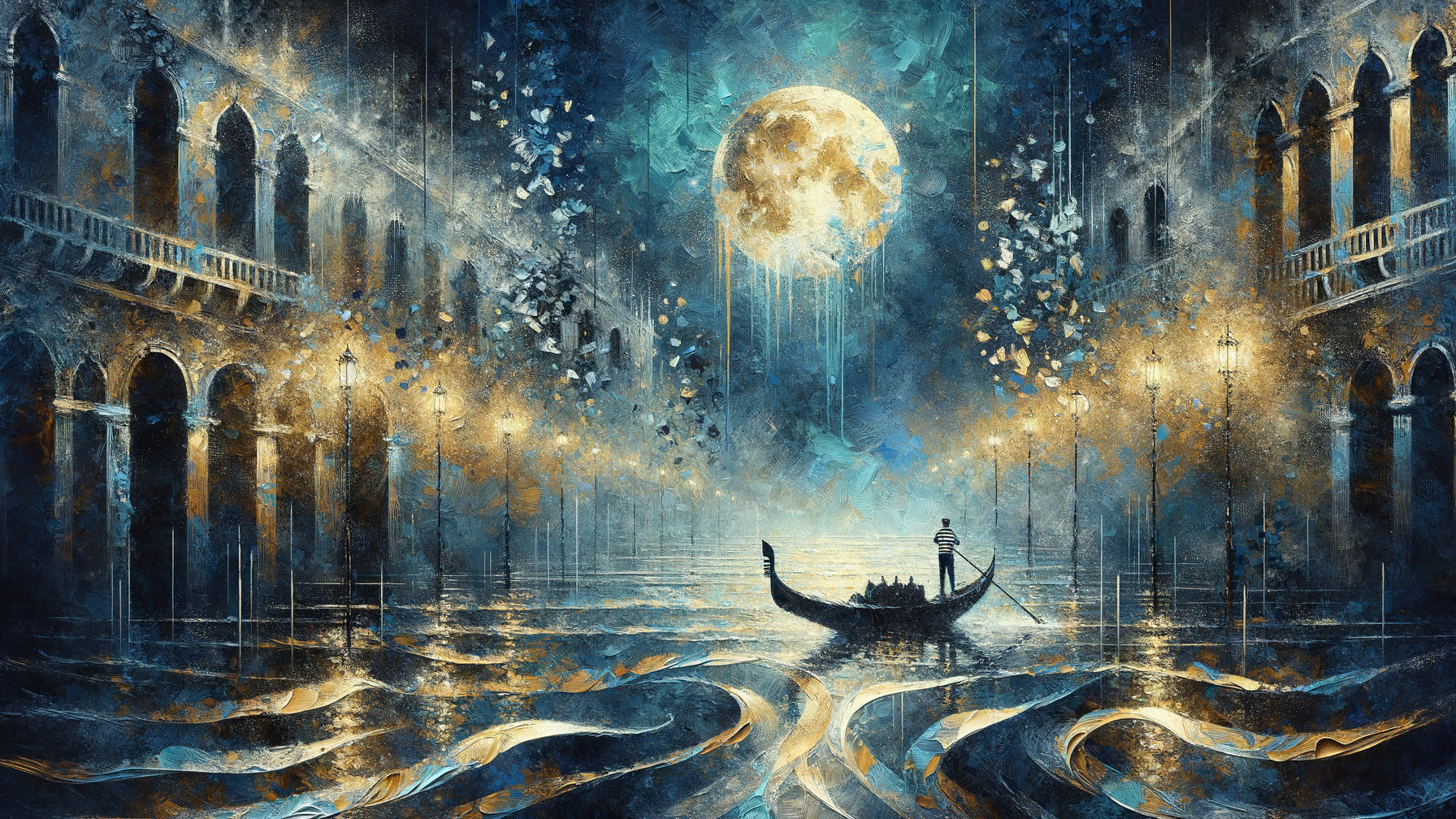 Serene Nighttime Canal Scene with Moonlit Gondola