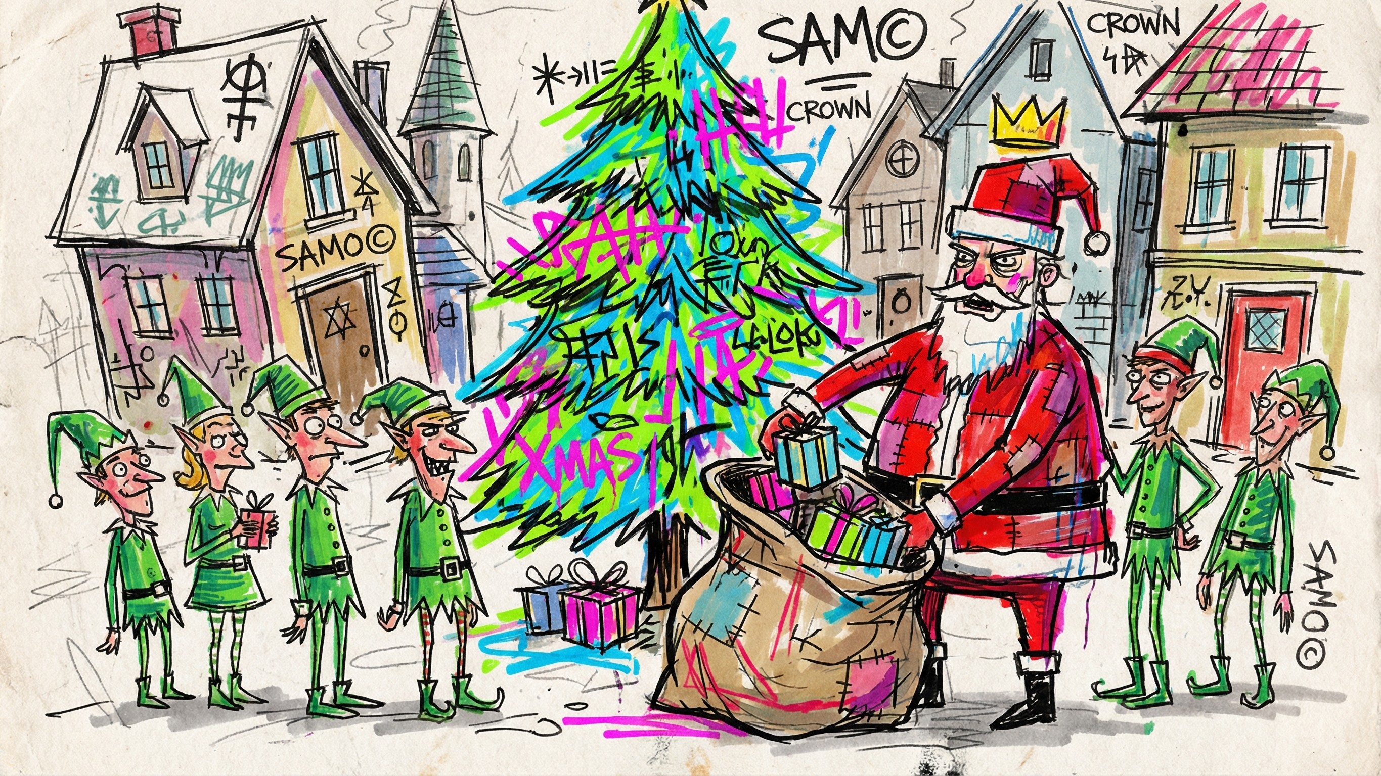 Urban Alleyway with Christmas Theme in Watercolor Style