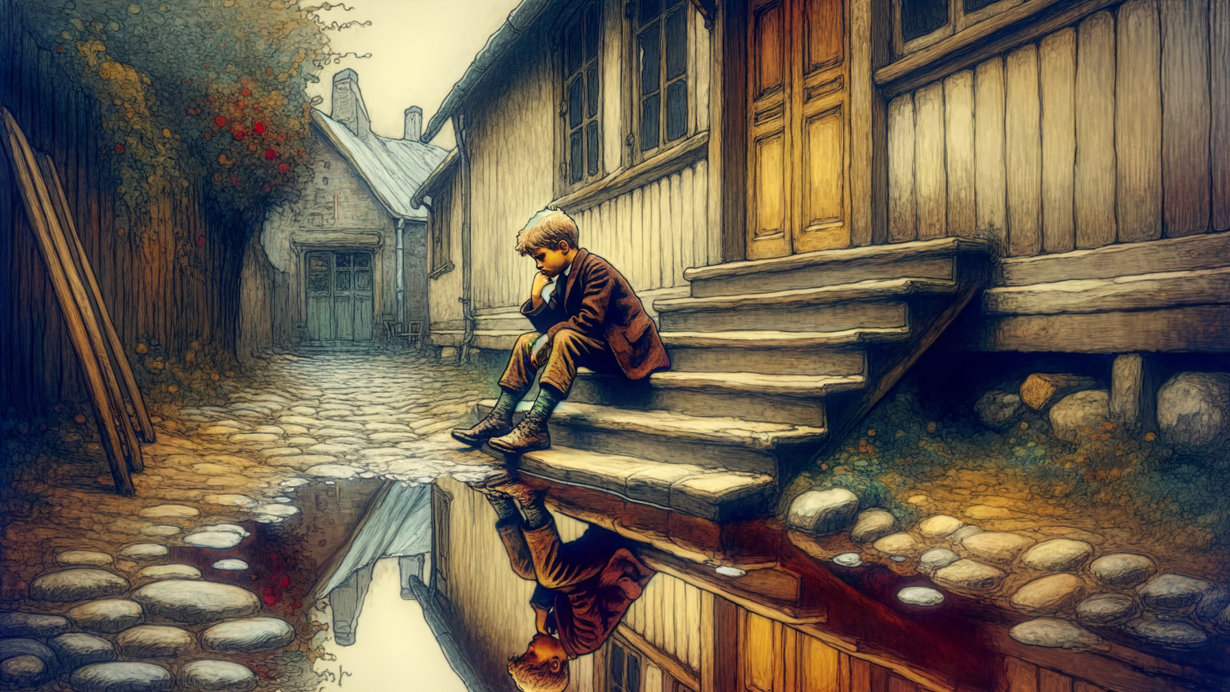 Young Boy Reflecting in Puddle at Rustic House Steps