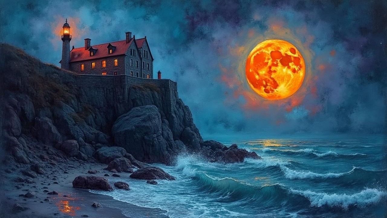 Coastal Lighthouse Scene Under Full Moon Glow