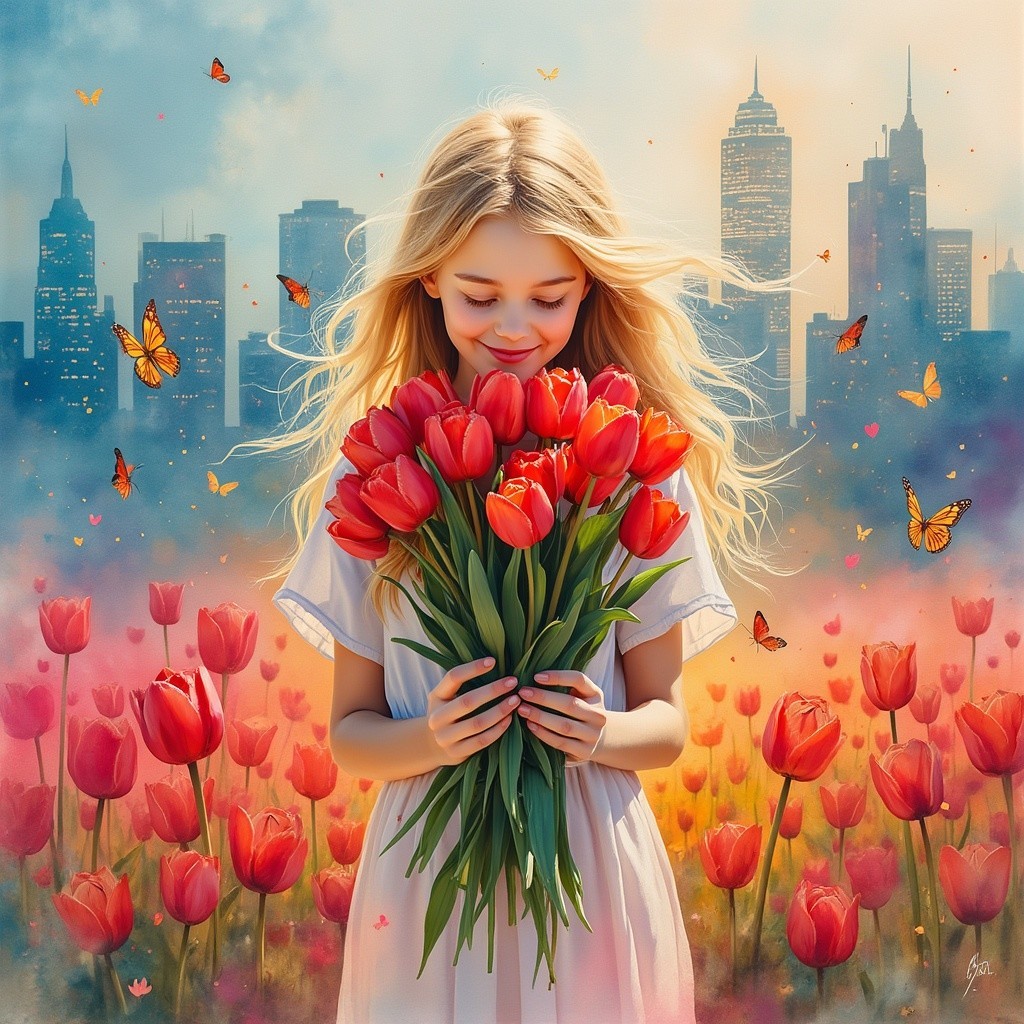 Young girl in tulip field with city skyline backdrop