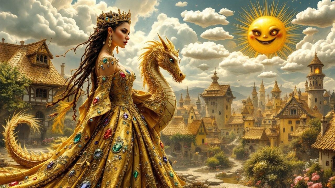 Regal Woman in Golden Gown with Golden Dragon