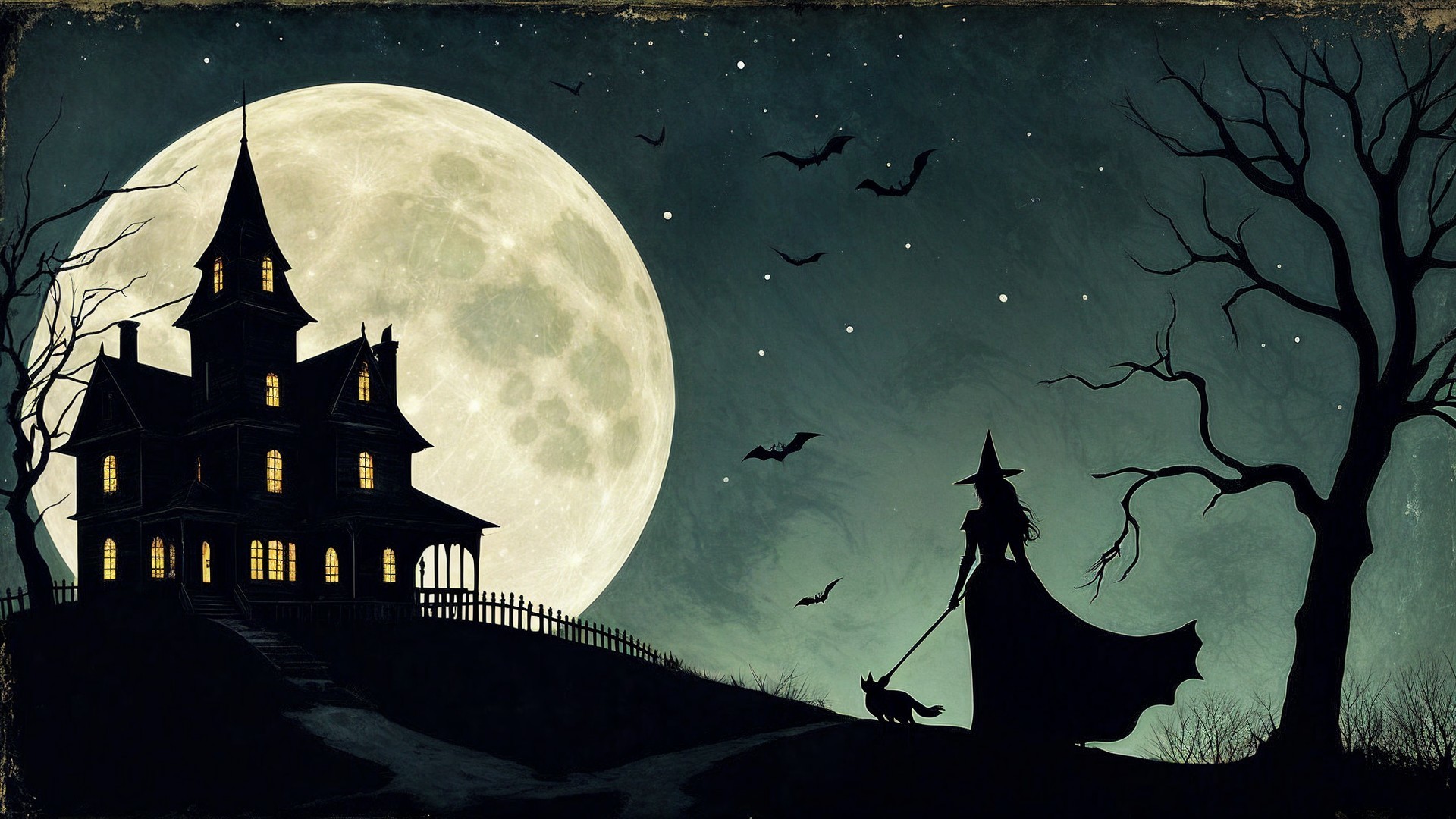 Haunted House and Witch Under Full Moon Scene