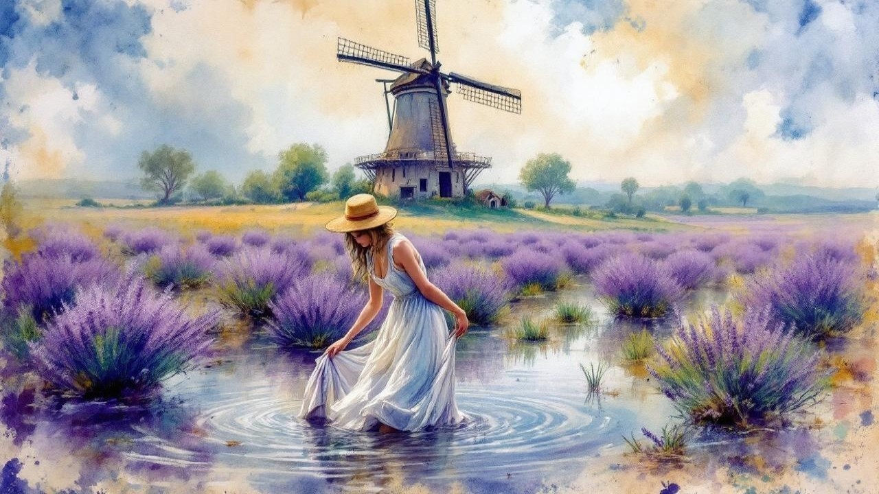 Serene Landscape with Windmill and Lavender Field