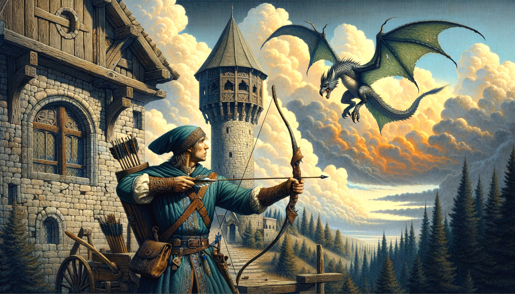 Archer in Medieval Setting with Dragon and Tower