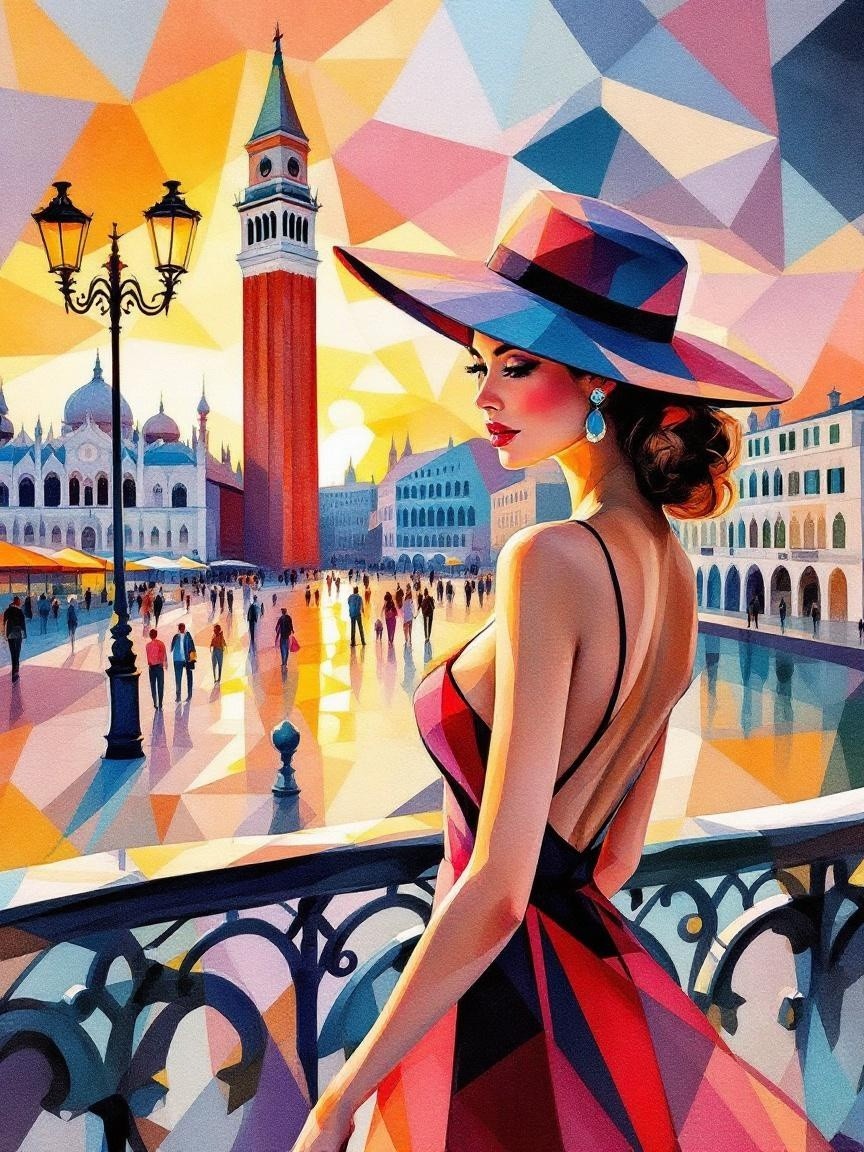 Geometric Artwork of Woman at Venetian Sunset