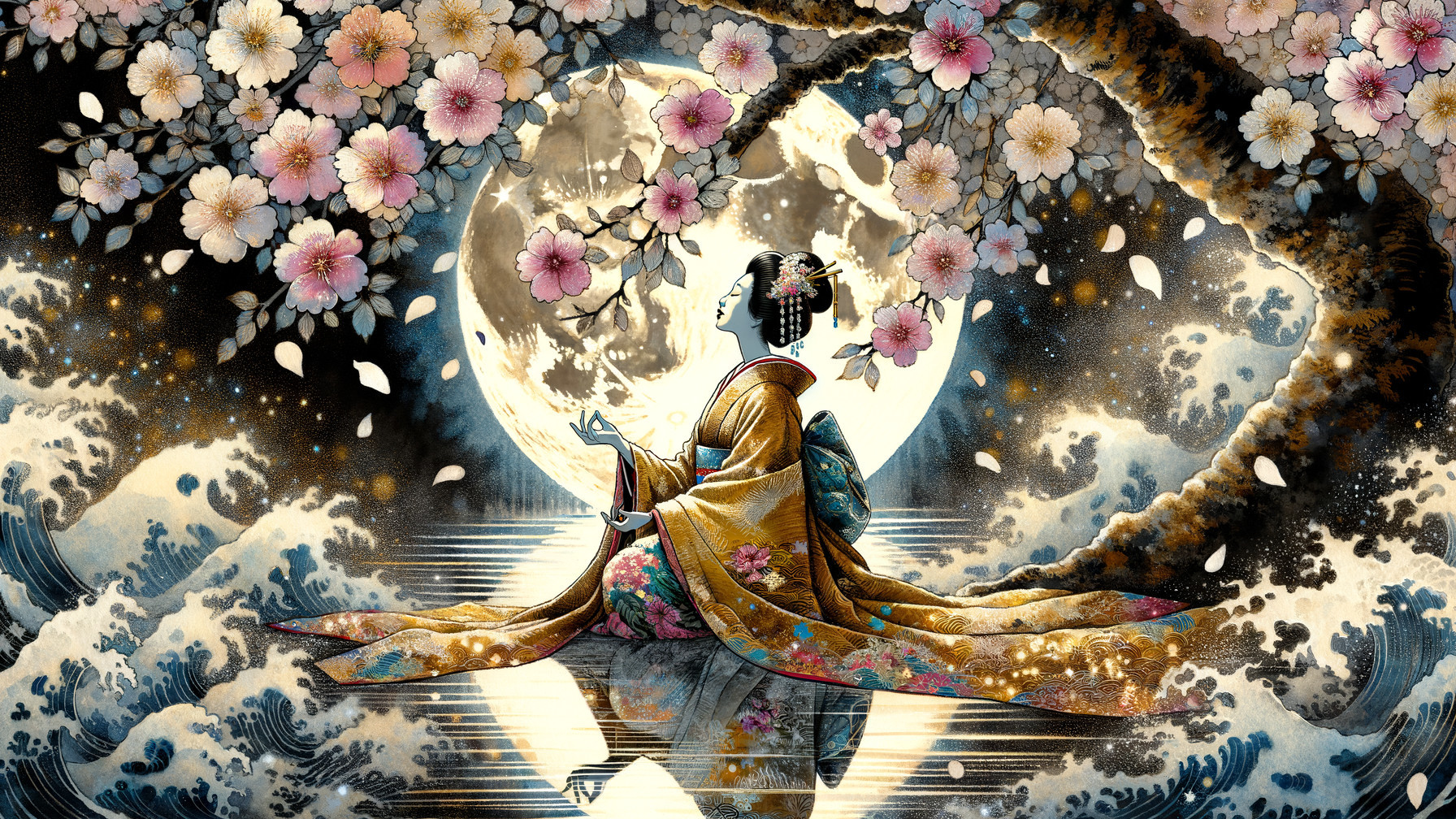 Serene figure in kimono beneath cherry blossoms and moon