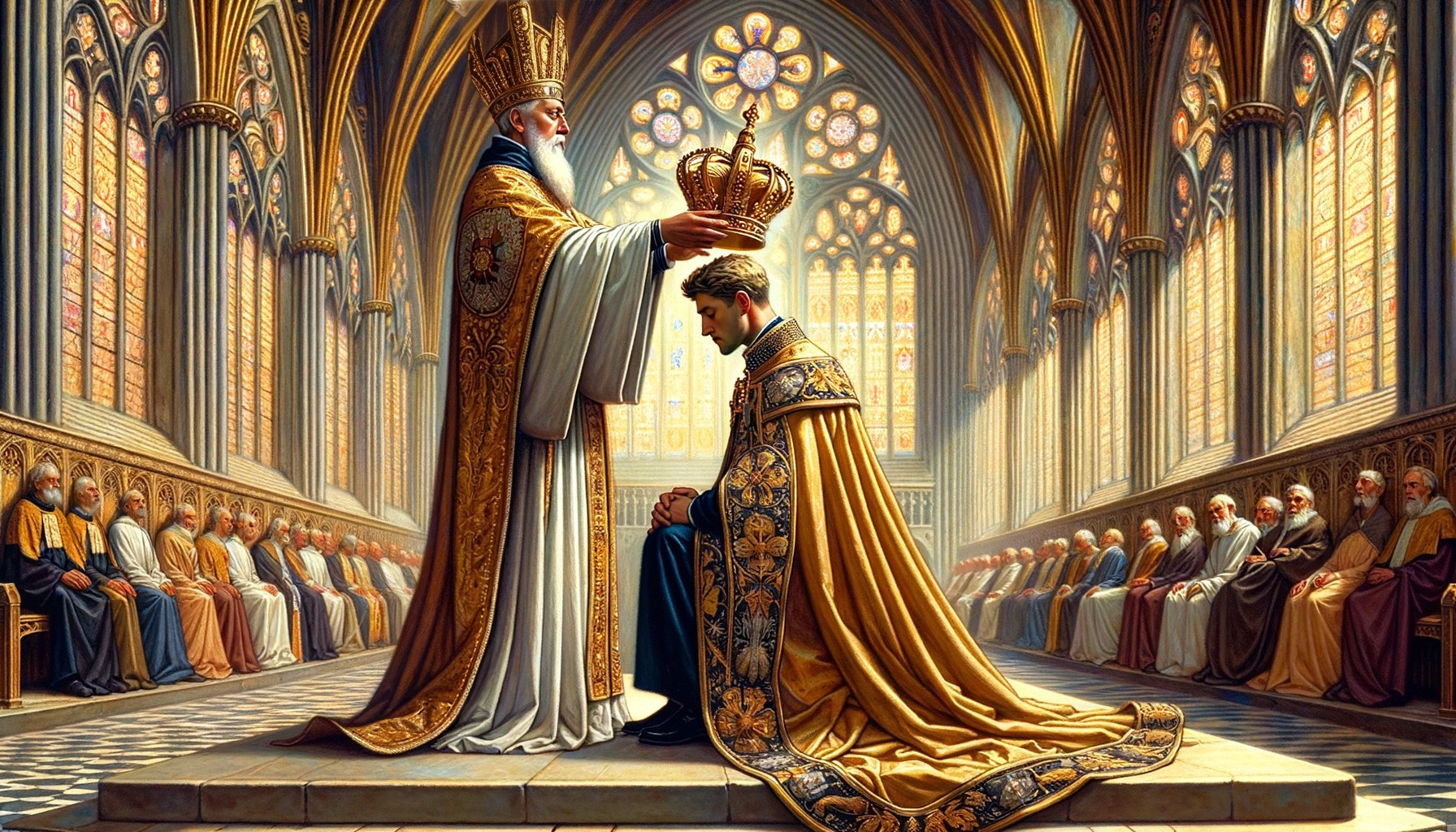 Coronation scene in ornate cathedral with bishop and kneeling man.