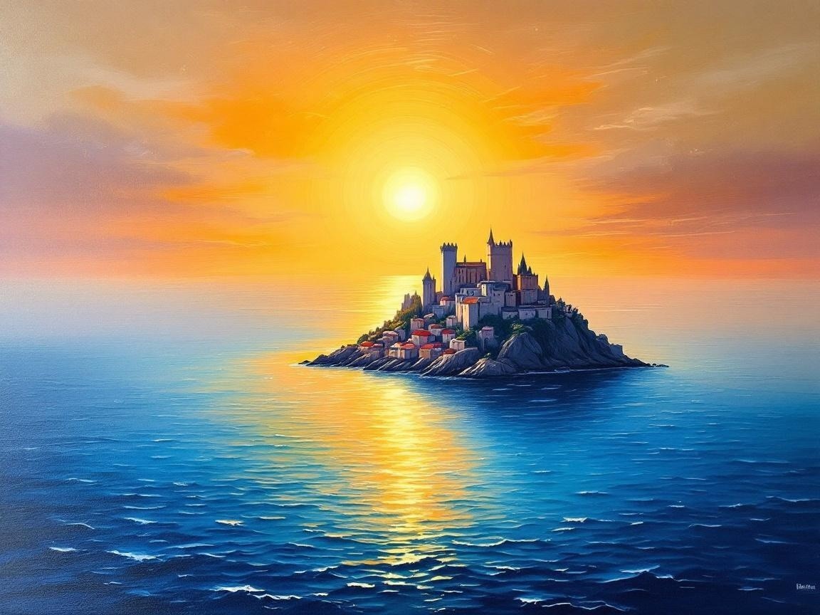 Serene Sunset Over Island with Castle and Colorful Homes
