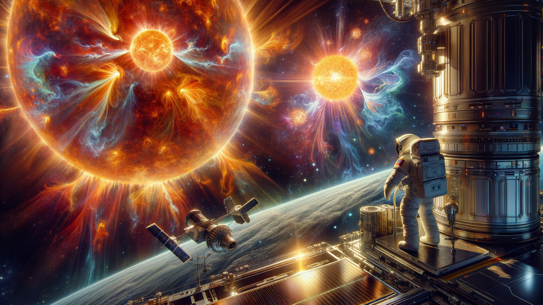 Astronaut on Space Station with Dual Suns and Earth View
