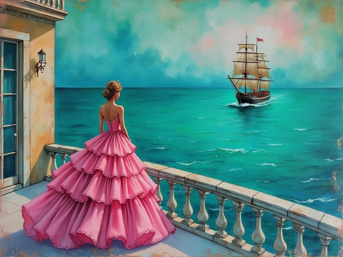 Woman in Pink Gown Overlooking Blue Ocean Scene