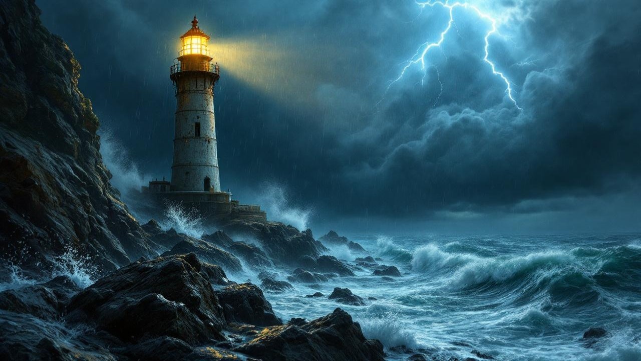 Dramatic Seascape with Lighthouse and Stormy Waves