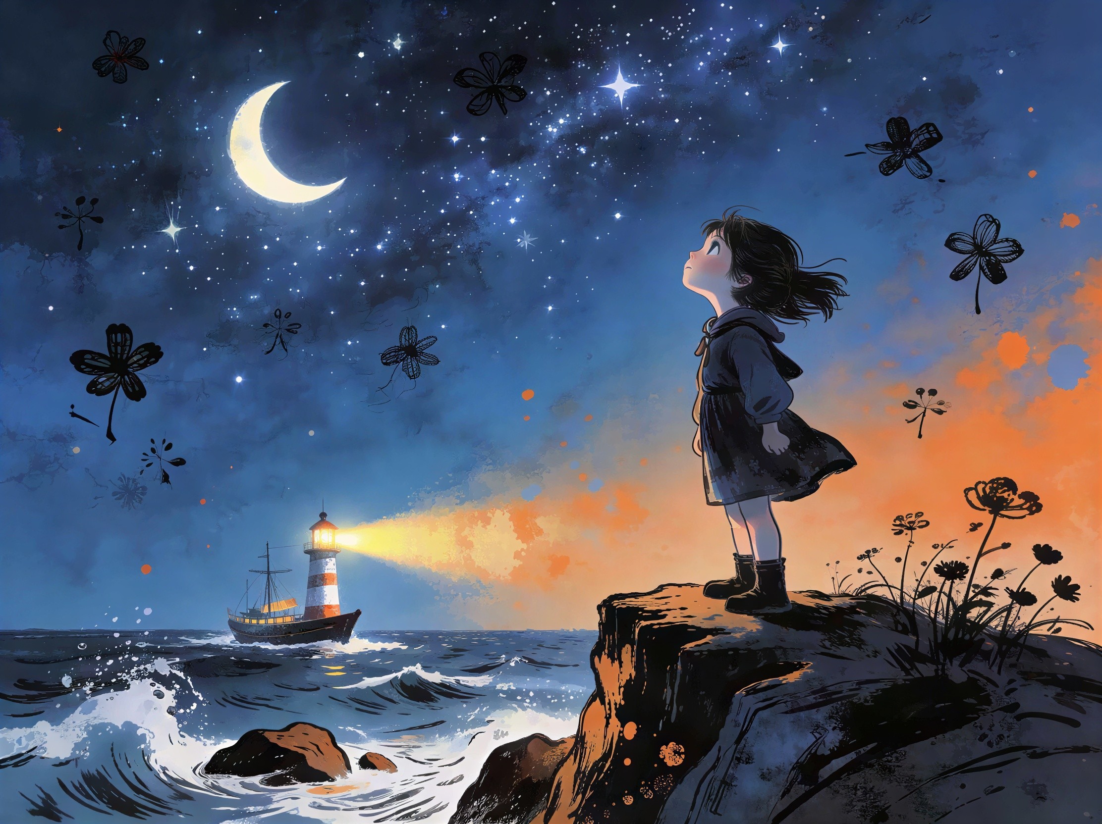 Digital Painting of Girl on Cliff at Night Sea