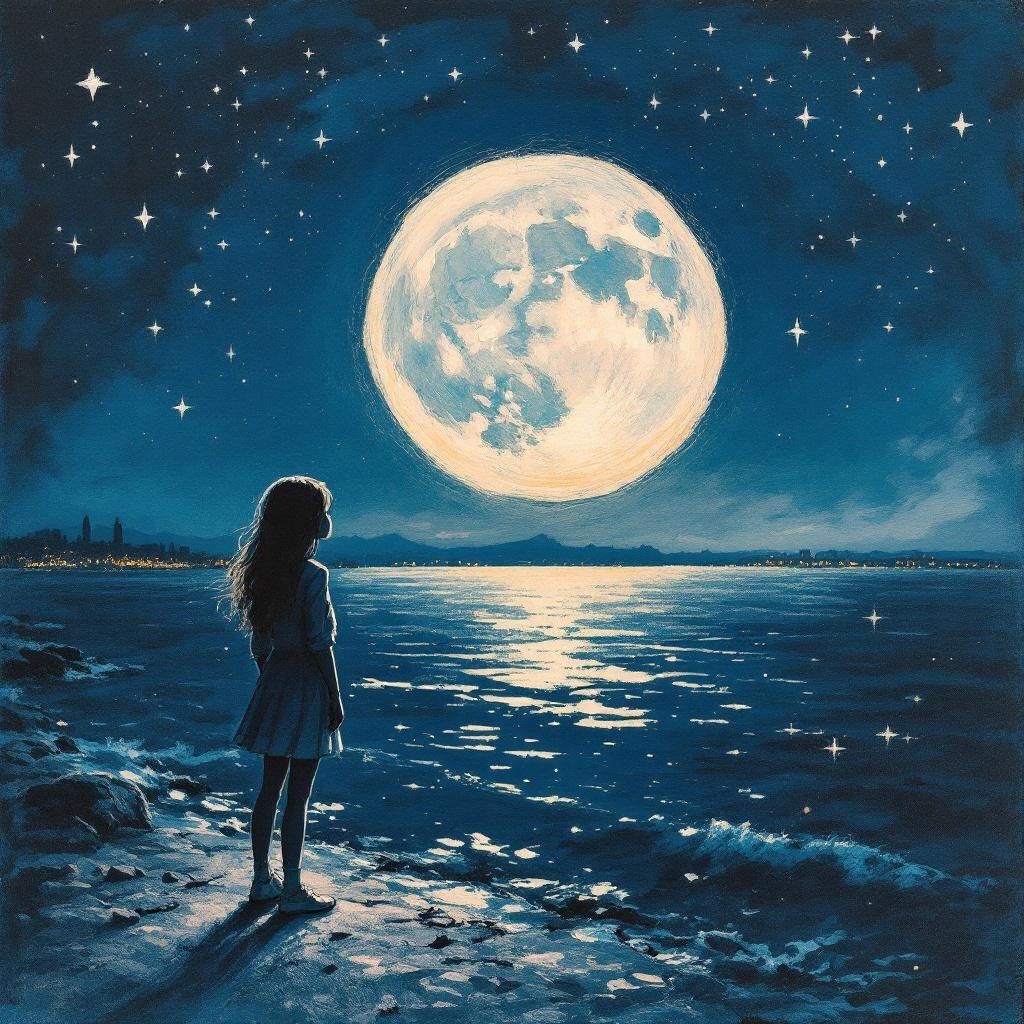 Young girl by water under luminous full moon and stars