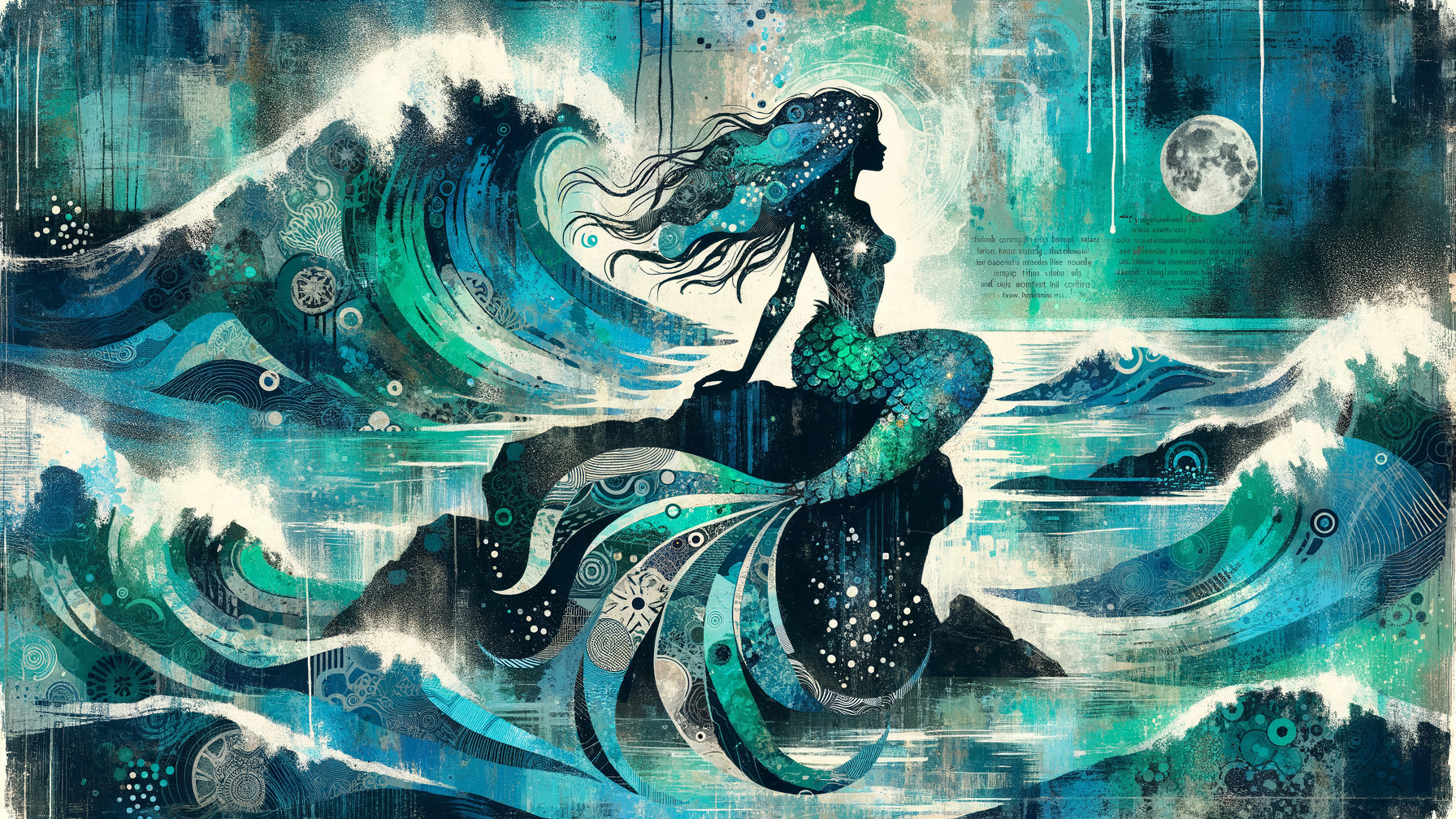 Mystical mermaid on rocky outcrop with ocean waves